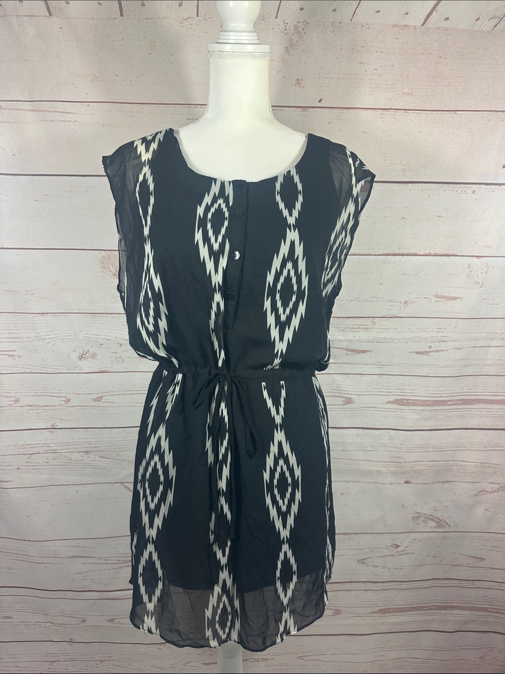 A Byer Black and White Ikat Print Sheer Tunic Dress